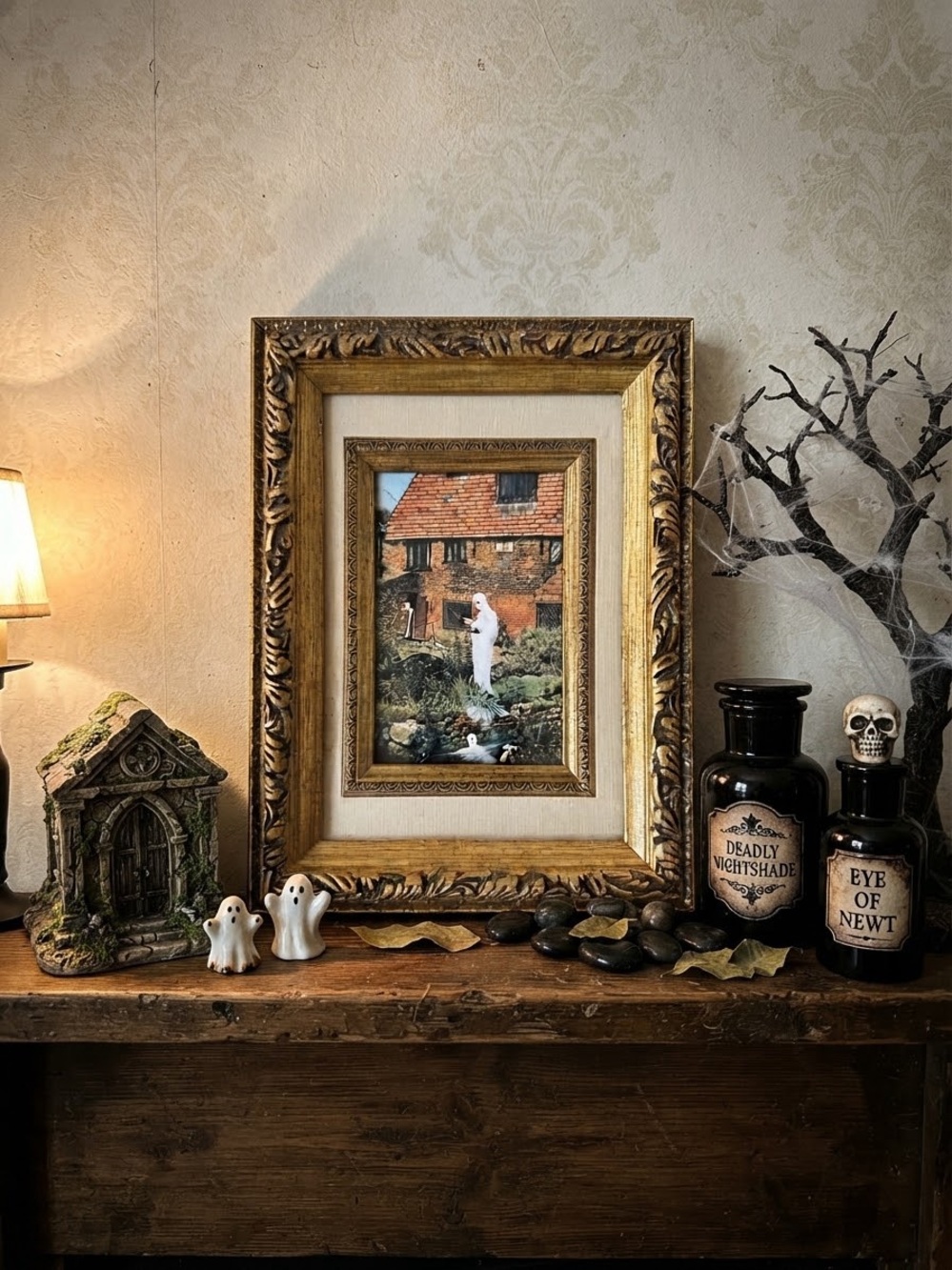 Ghost have a day at country cottage w/Ornate Gold Framed Wall Art with Cream Mat